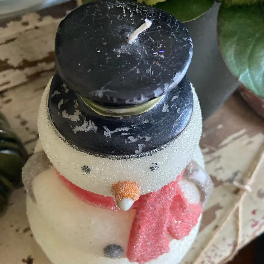 Pottery Barn Vintage Large 3 Tiered Snowman Candle 200 hour burn 8.75” tall